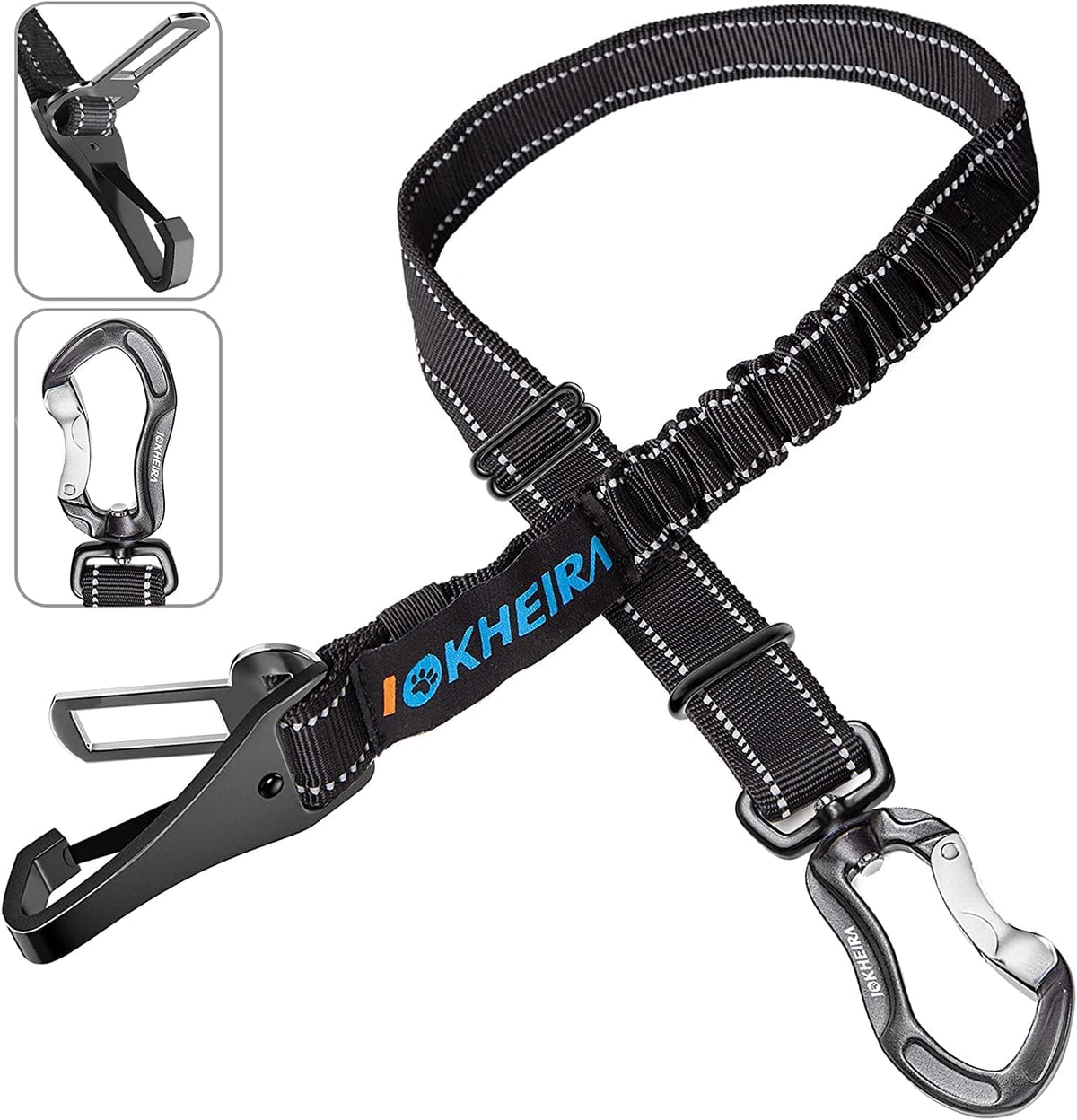 Dog Seatbelt, Updated Adjustable Harness Reflective Bungee Dog Car Seat Belt with Aviation Aluminum Alloy Rotatable Carabiner, Hook & Buckle