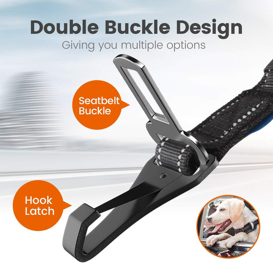 Dog Seatbelt, Updated Adjustable Harness Reflective Bungee Dog Car Seat Belt with Aviation Aluminum Alloy Rotatable Carabiner, Hook & Buckle