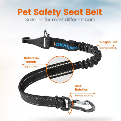 Dog Seatbelt, Updated Adjustable Harness Reflective Bungee Dog Car Seat Belt with Aviation Aluminum Alloy Rotatable Carabiner, Hook & Buckle