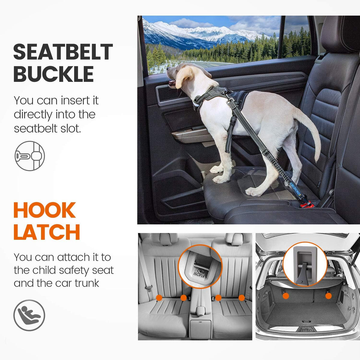 Dog Seatbelt, Updated Adjustable Harness Reflective Bungee Dog Car Seat Belt with Aviation Aluminum Alloy Rotatable Carabiner, Hook & Buckle