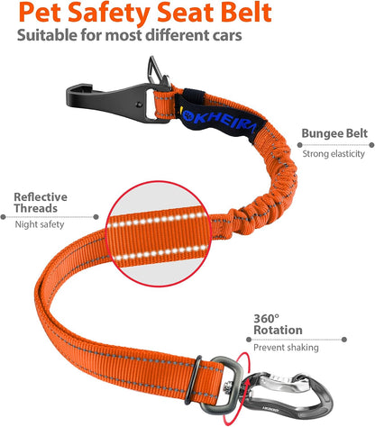 Dog Seatbelt, Updated Adjustable Harness Reflective Bungee Dog Car Seat Belt with Aviation Aluminum Alloy Rotatable Carabiner, Hook & Buckle