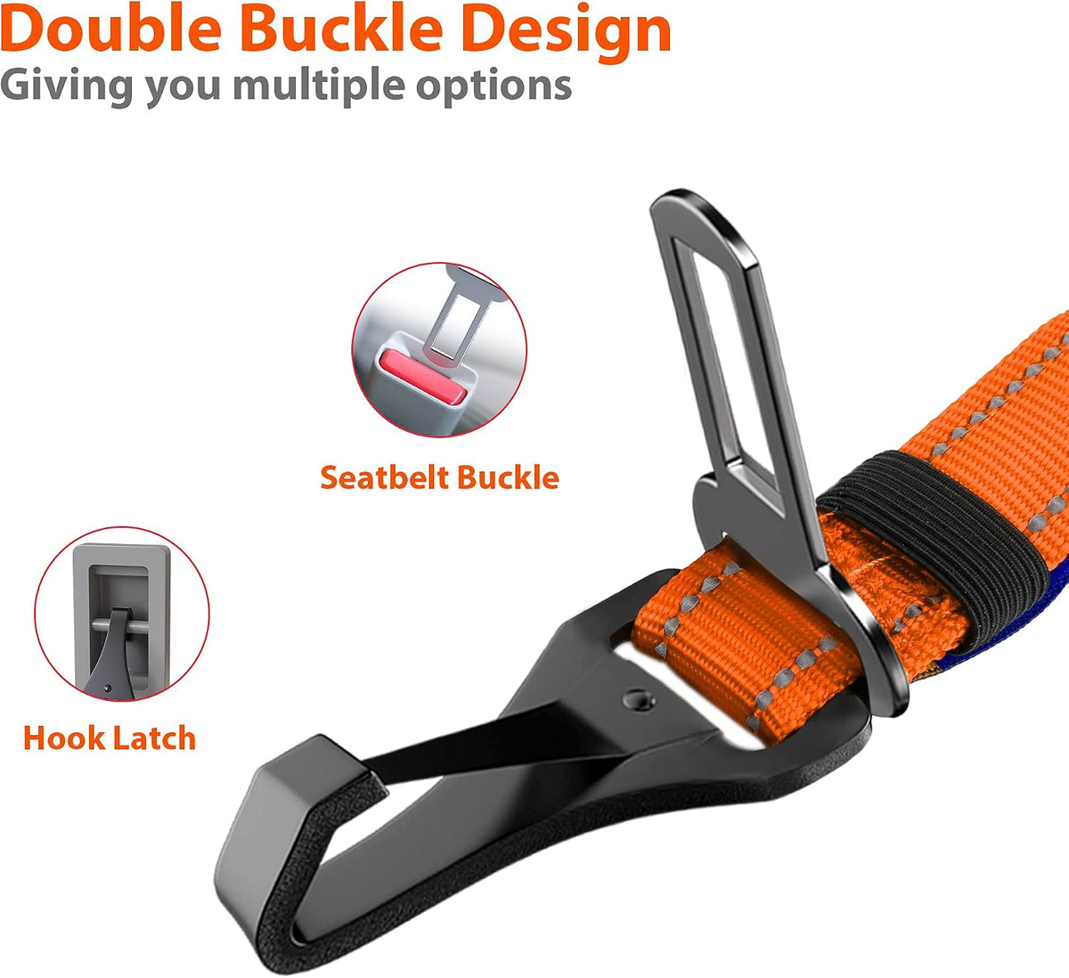 Dog Seatbelt, Updated Adjustable Harness Reflective Bungee Dog Car Seat Belt with Aviation Aluminum Alloy Rotatable Carabiner, Hook & Buckle