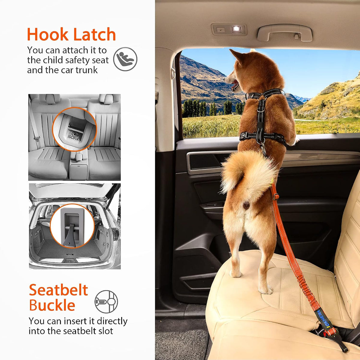 Dog Seatbelt, Updated Adjustable Harness Reflective Bungee Dog Car Seat Belt with Aviation Aluminum Alloy Rotatable Carabiner, Hook & Buckle