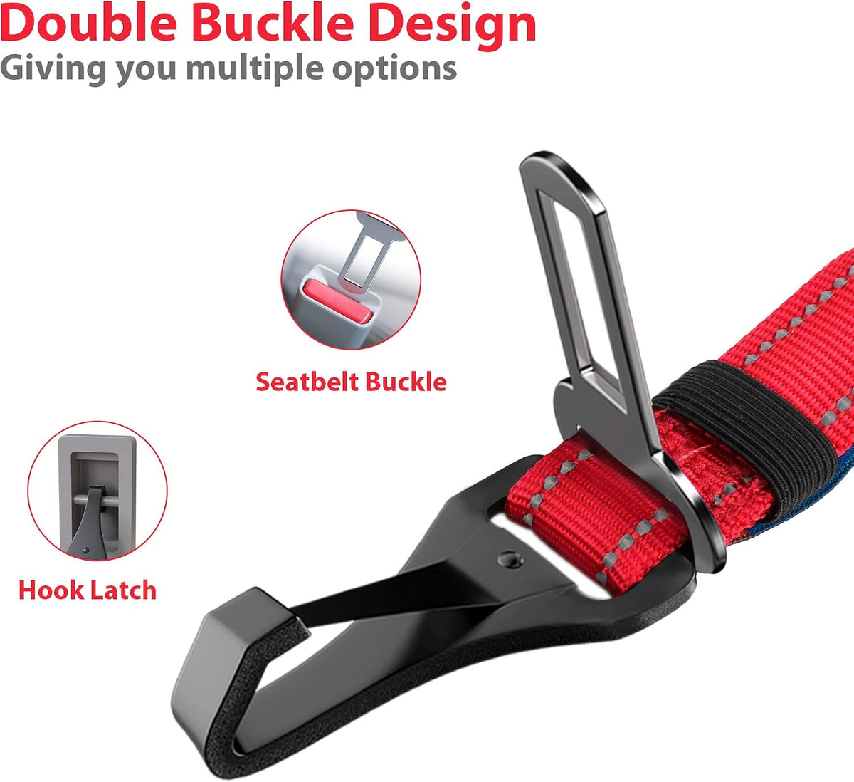 Dog Seatbelt, Updated Adjustable Harness Reflective Bungee Dog Car Seat Belt with Aviation Aluminum Alloy Rotatable Carabiner, Hook & Buckle