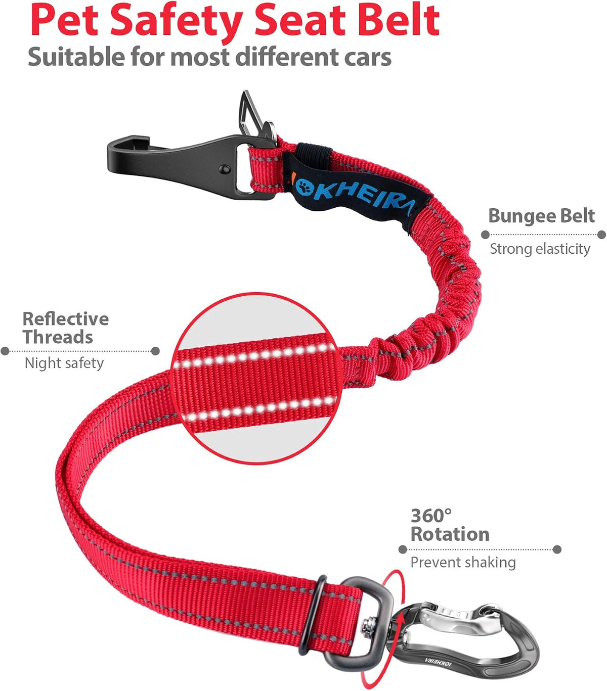 Dog Seatbelt, Updated Adjustable Harness Reflective Bungee Dog Car Seat Belt with Aviation Aluminum Alloy Rotatable Carabiner, Hook & Buckle