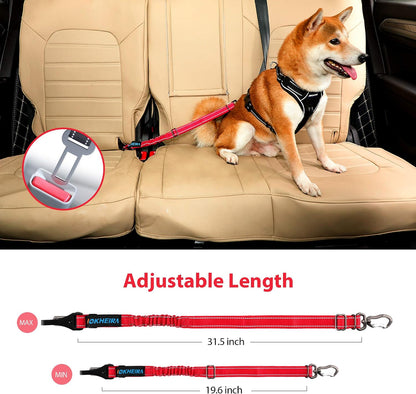 Dog Seatbelt, Updated Adjustable Harness Reflective Bungee Dog Car Seat Belt with Aviation Aluminum Alloy Rotatable Carabiner, Hook & Buckle