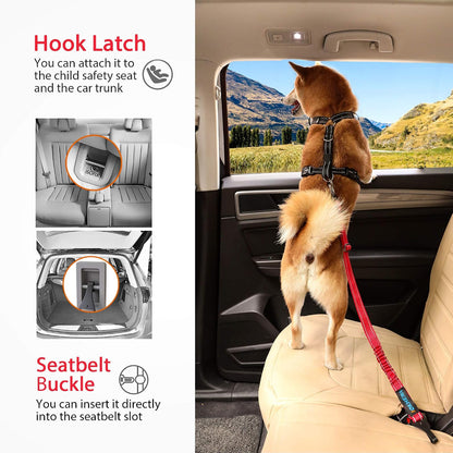 Dog Seatbelt, Updated Adjustable Harness Reflective Bungee Dog Car Seat Belt with Aviation Aluminum Alloy Rotatable Carabiner, Hook & Buckle