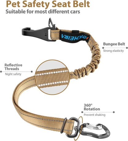 Dog Seatbelt, Updated Adjustable Harness Reflective Bungee Dog Car Seat Belt with Aviation Aluminum Alloy Rotatable Carabiner, Hook & Buckle