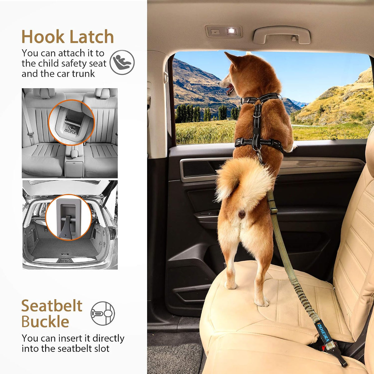 Dog Seatbelt, Updated Adjustable Harness Reflective Bungee Dog Car Seat Belt with Aviation Aluminum Alloy Rotatable Carabiner, Hook & Buckle