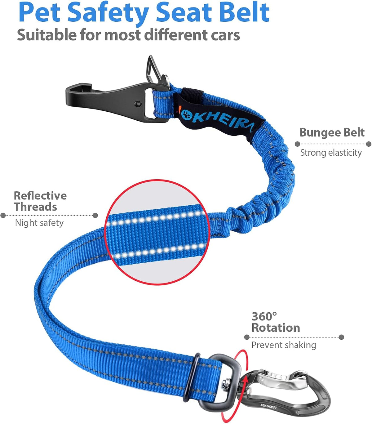 Dog Seatbelt, Updated Adjustable Harness Reflective Bungee Dog Car Seat Belt with Aviation Aluminum Alloy Rotatable Carabiner, Hook & Buckle