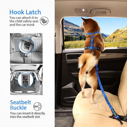 Dog Seatbelt, Updated Adjustable Harness Reflective Bungee Dog Car Seat Belt with Aviation Aluminum Alloy Rotatable Carabiner, Hook & Buckle