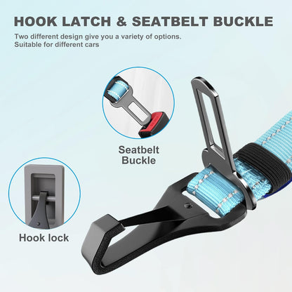 Dog Seatbelt, Updated Adjustable Harness Reflective Bungee Dog Car Seat Belt with Aviation Aluminum Alloy Rotatable Carabiner, Hook & Buckle