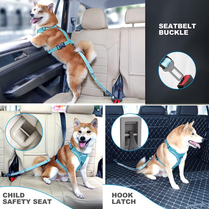 Dog Seatbelt, Updated Adjustable Harness Reflective Bungee Dog Car Seat Belt with Aviation Aluminum Alloy Rotatable Carabiner, Hook & Buckle