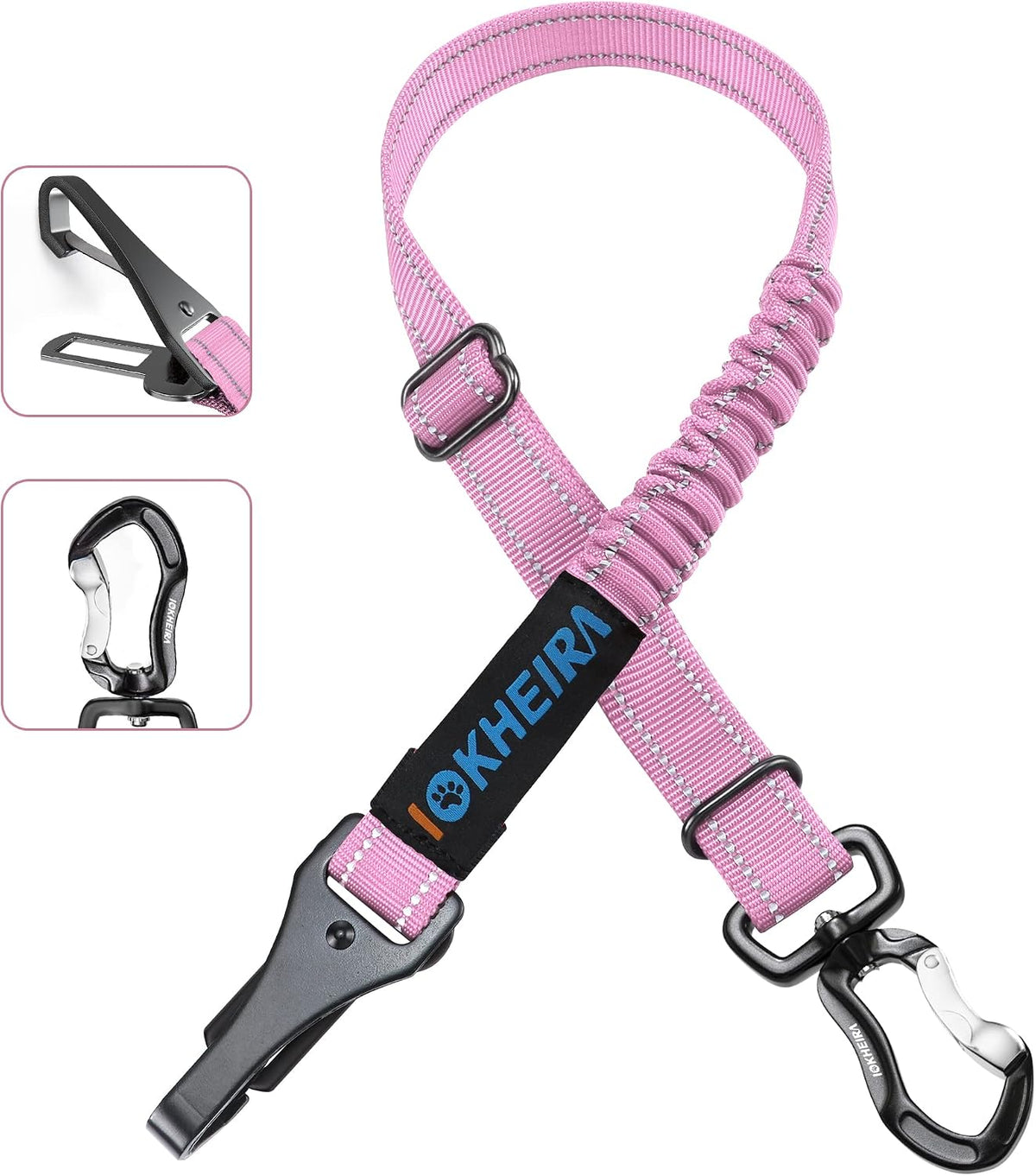 Dog Seatbelt, Updated Adjustable Harness Reflective Bungee Dog Car Seat Belt with Aviation Aluminum Alloy Rotatable Carabiner, Hook & Buckle