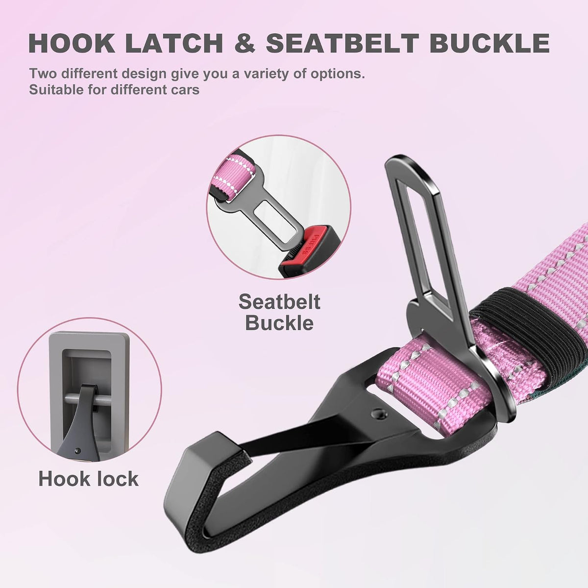 Dog Seatbelt, Updated Adjustable Harness Reflective Bungee Dog Car Seat Belt with Aviation Aluminum Alloy Rotatable Carabiner, Hook & Buckle