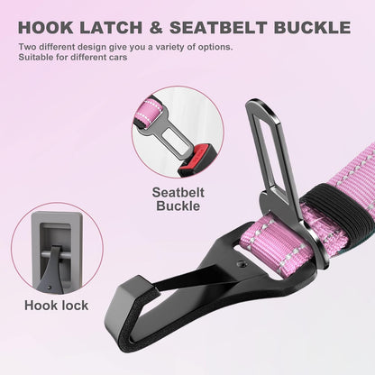 Dog Seatbelt, Updated Adjustable Harness Reflective Bungee Dog Car Seat Belt with Aviation Aluminum Alloy Rotatable Carabiner, Hook & Buckle