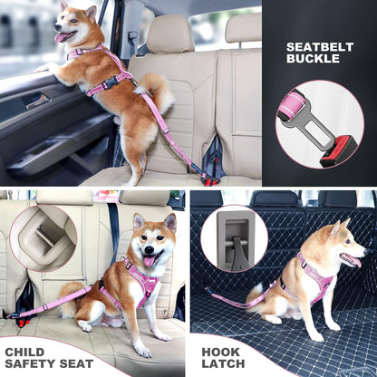 Dog Seatbelt, Updated Adjustable Harness Reflective Bungee Dog Car Seat Belt with Aviation Aluminum Alloy Rotatable Carabiner, Hook & Buckle