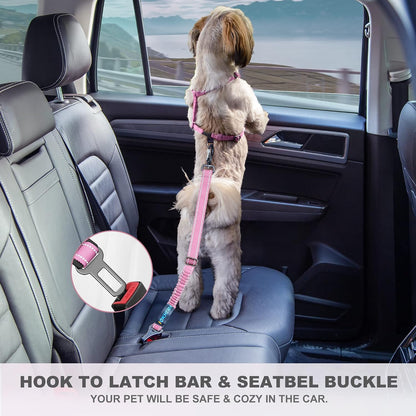 Dog Seatbelt, Updated Adjustable Harness Reflective Bungee Dog Car Seat Belt with Aviation Aluminum Alloy Rotatable Carabiner, Hook & Buckle