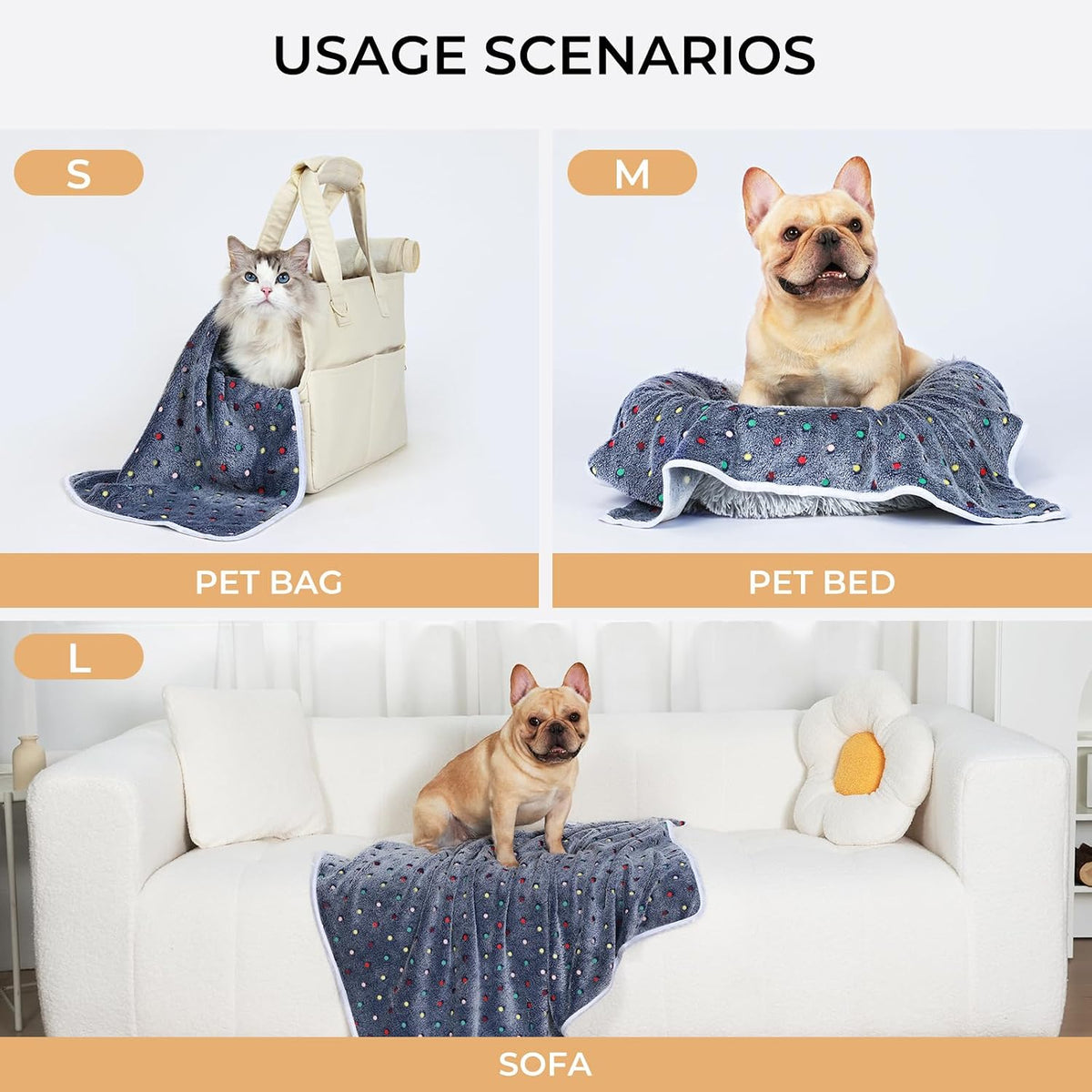 1 Pack 3 Blankets Super Soft Cute Dot Pattern Pet Blanket Flannel Throw for Dog Puppy Cat Beige/Brown/Pink Small