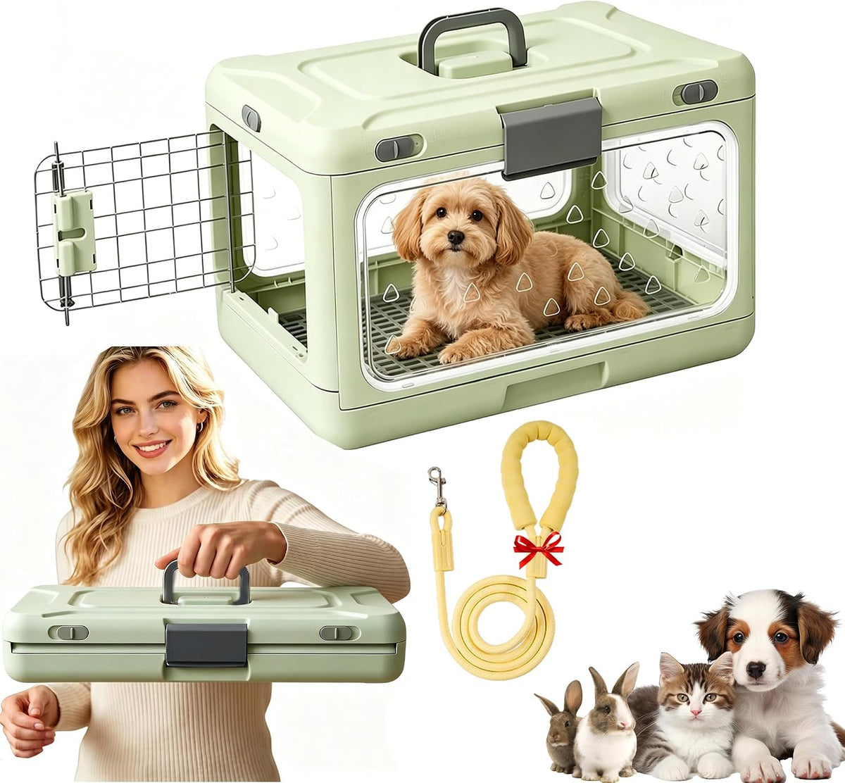 Foldable Hard Cat Carrier, Transparent Pet Crate for Cats & Small Dogs, Collapsible Travel Kennel with Ventilation & Urine Pad Mesh Grid, Portable Travel cage, Essential for pet Travel, Green