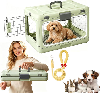 Foldable Hard Cat Carrier, Transparent Pet Crate for Cats & Small Dogs, Collapsible Travel Kennel with Ventilation & Urine Pad Mesh Grid, Portable Travel cage, Essential for pet Travel, Green