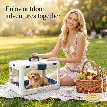 Foldable Hard Cat Carrier, Transparent Pet Crate for Cats & Small Dogs, Collapsible Travel Kennel with Ventilation & Urine Pad Mesh Grid, Portable Travel cage, Essential for pet Travel, Green