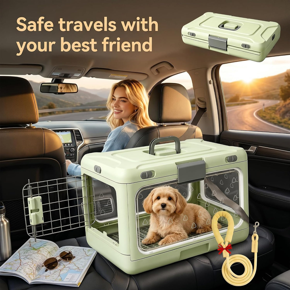 Foldable Hard Cat Carrier, Transparent Pet Crate for Cats & Small Dogs, Collapsible Travel Kennel with Ventilation & Urine Pad Mesh Grid, Portable Travel cage, Essential for pet Travel, Green