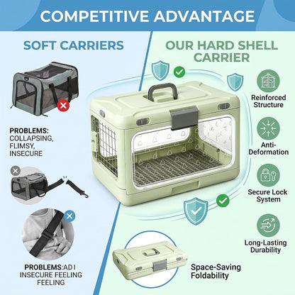 Foldable Hard Cat Carrier, Transparent Pet Crate for Cats & Small Dogs, Collapsible Travel Kennel with Ventilation & Urine Pad Mesh Grid, Portable Travel cage, Essential for pet Travel, Green