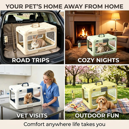 Foldable Hard Cat Carrier, Transparent Pet Crate for Cats & Small Dogs, Collapsible Travel Kennel with Ventilation & Urine Pad Mesh Grid, Portable Travel cage, Essential for pet Travel, Green