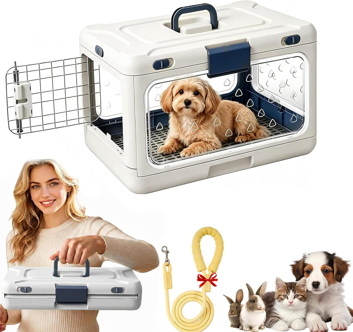 Foldable Hard Cat Carrier, Transparent Pet Crate for Cats & Small Dogs, Collapsible Travel Kennel with Ventilation & Urine Pad Mesh Grid, Portable Travel cage, Essential for pet Travel, Green