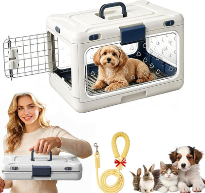 Foldable Hard Cat Carrier, Transparent Pet Crate for Cats & Small Dogs, Collapsible Travel Kennel with Ventilation & Urine Pad Mesh Grid, Portable Travel cage, Essential for pet Travel, Green