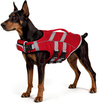 Dog Life Jacket: Ripstop High Buoyancy Swimsuit with Reflective Stripes & Rescue Handle - Adjustable Preserver with Leash Hook for Swimming, Boating & Lake Activities for Dogs Red S