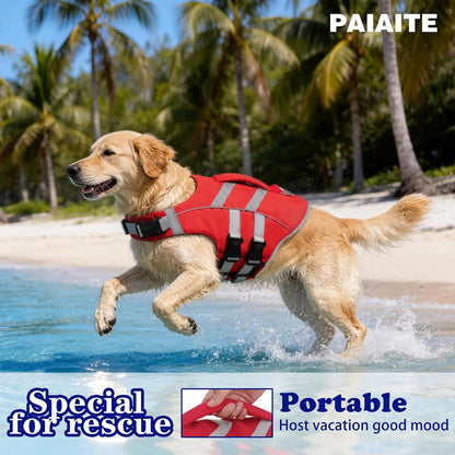 Dog Life Jacket: Ripstop High Buoyancy Swimsuit with Reflective Stripes & Rescue Handle - Adjustable Preserver with Leash Hook for Swimming, Boating & Lake Activities for Dogs Red S