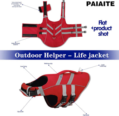 Dog Life Jacket: Ripstop High Buoyancy Swimsuit with Reflective Stripes & Rescue Handle - Adjustable Preserver with Leash Hook for Swimming, Boating & Lake Activities for Dogs Red S