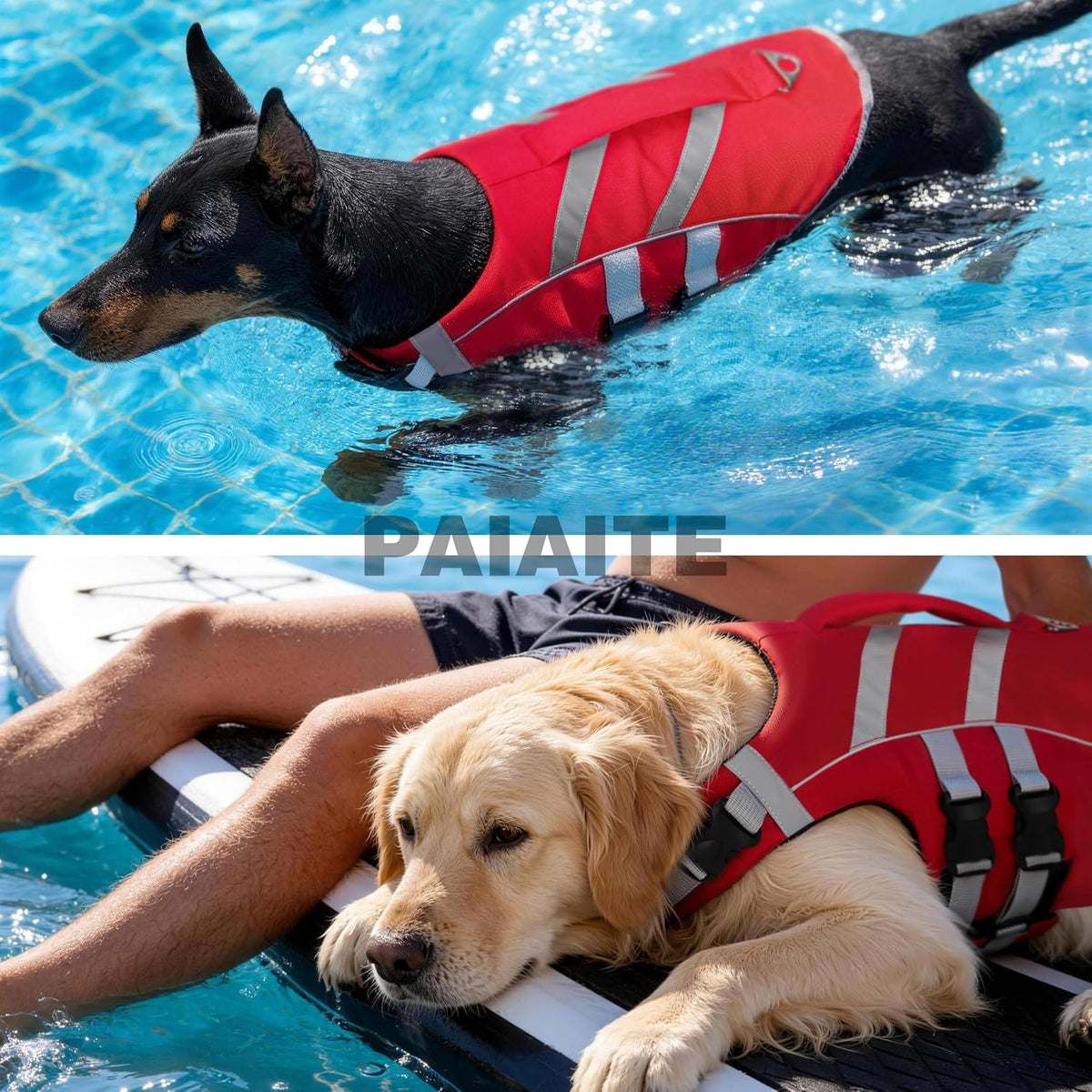 Dog Life Jacket: Ripstop High Buoyancy Swimsuit with Reflective Stripes & Rescue Handle - Adjustable Preserver with Leash Hook for Swimming, Boating & Lake Activities for Dogs Red S