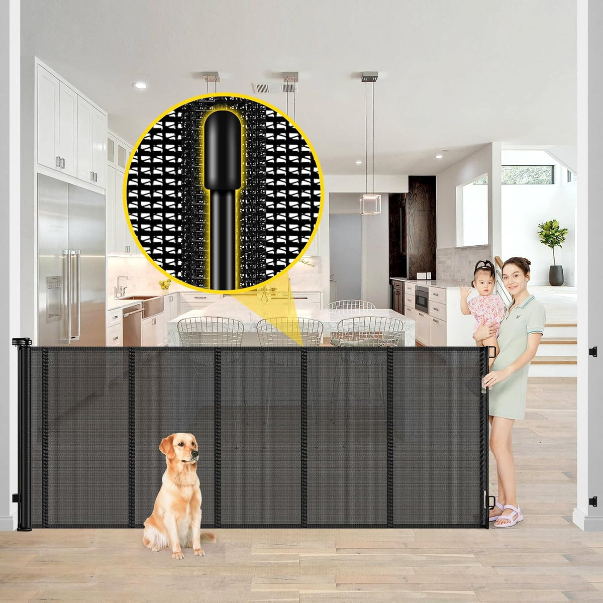 Reinforced 42” Extra Tall Retractable Baby Gates with Rods, Extends up to 60” Wide, Tall Retractable Dog Gate for Doorways Prevent Crawling Through Mesh Pet Gate Indoor Outdoor, Black