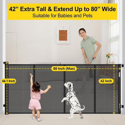 Reinforced 42” Extra Tall Retractable Baby Gates with Rods, Extends up to 60” Wide, Tall Retractable Dog Gate for Doorways Prevent Crawling Through Mesh Pet Gate Indoor Outdoor, Black