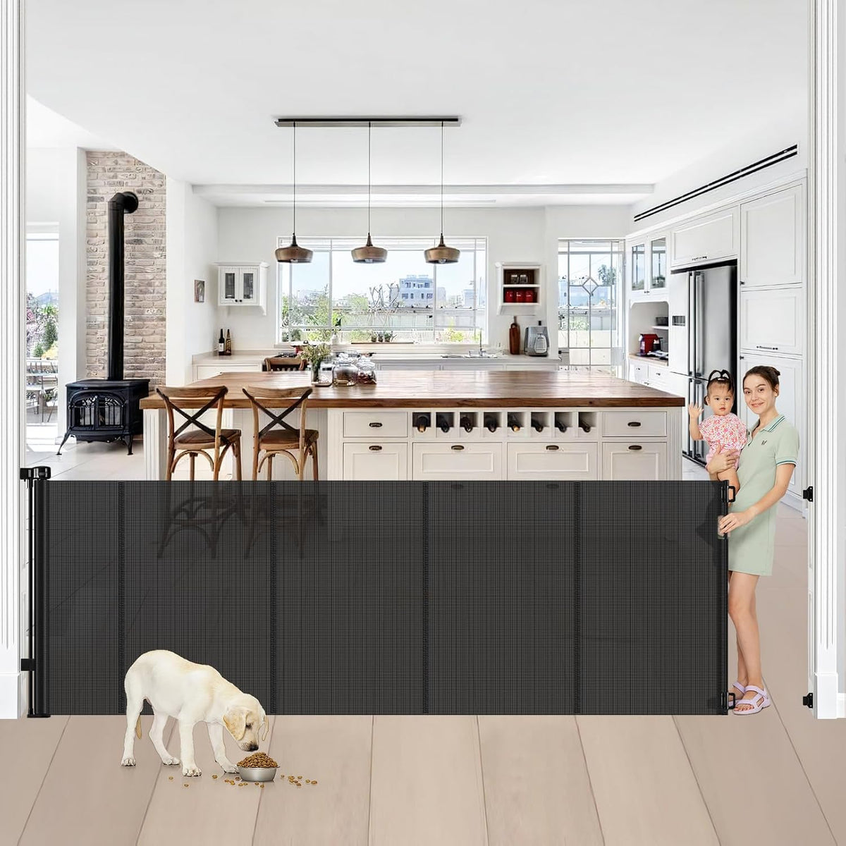 Reinforced 42” Extra Tall Retractable Baby Gates with Rods, Extends up to 60” Wide, Tall Retractable Dog Gate for Doorways Prevent Crawling Through Mesh Pet Gate Indoor Outdoor, Black