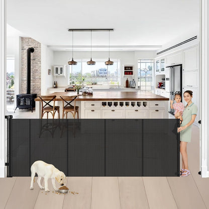 Reinforced 42” Extra Tall Retractable Baby Gates with Rods, Extends up to 60” Wide, Tall Retractable Dog Gate for Doorways Prevent Crawling Through Mesh Pet Gate Indoor Outdoor, Black
