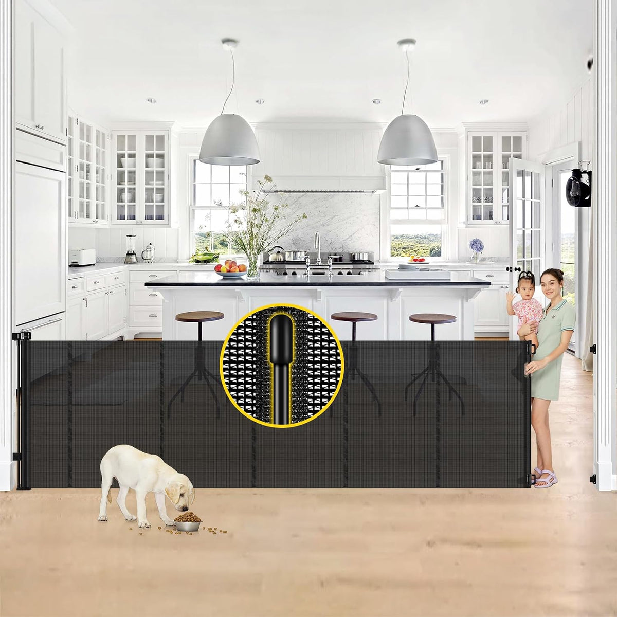 Reinforced 42” Extra Tall Retractable Baby Gates with Rods, Extends up to 60” Wide, Tall Retractable Dog Gate for Doorways Prevent Crawling Through Mesh Pet Gate Indoor Outdoor, Black