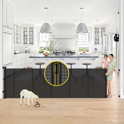 Reinforced 42” Extra Tall Retractable Baby Gates with Rods, Extends up to 60” Wide, Tall Retractable Dog Gate for Doorways Prevent Crawling Through Mesh Pet Gate Indoor Outdoor, Black