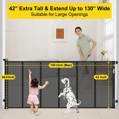 Reinforced 42” Extra Tall Retractable Baby Gates with Rods, Extends up to 60” Wide, Tall Retractable Dog Gate for Doorways Prevent Crawling Through Mesh Pet Gate Indoor Outdoor, Black