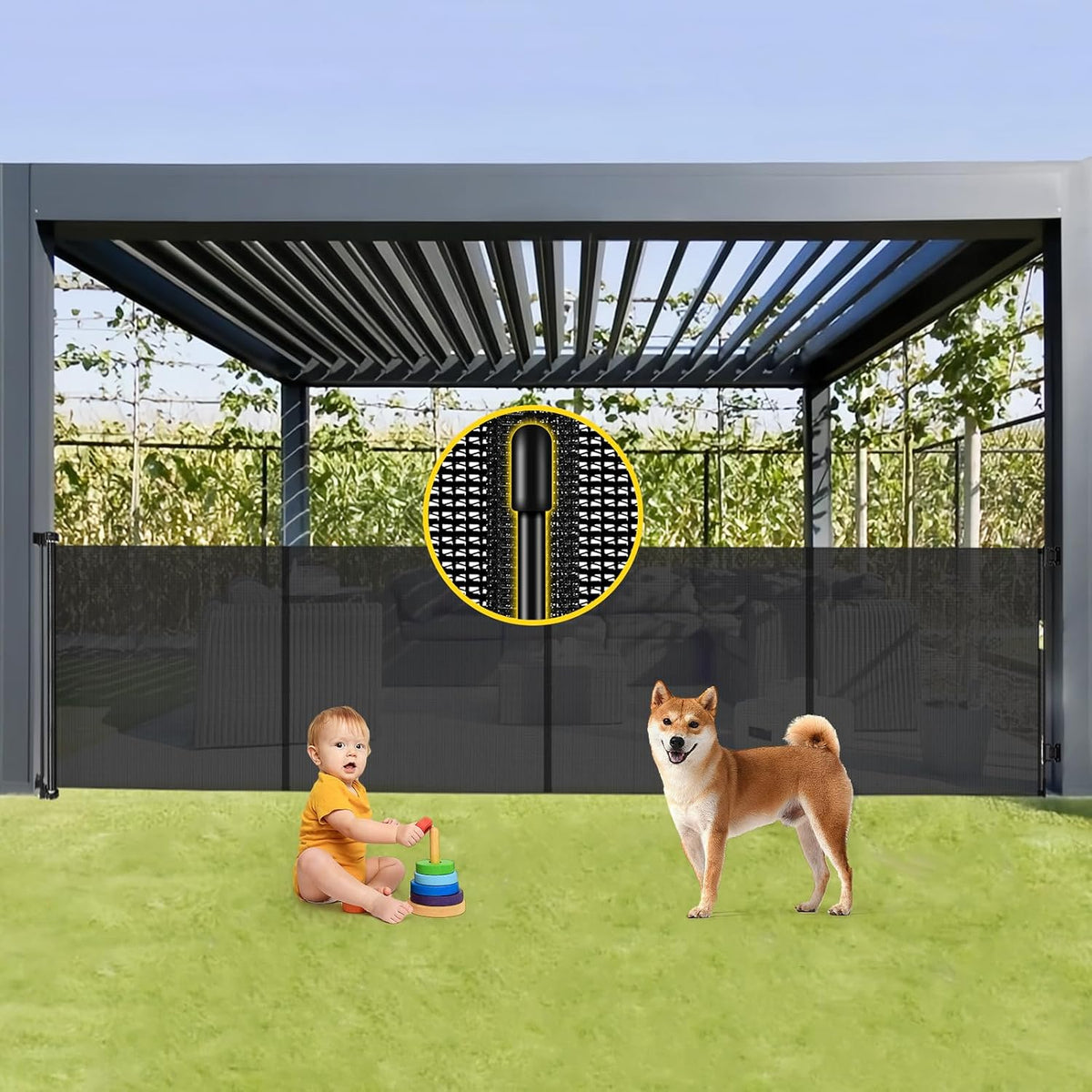 Reinforced 42” Extra Tall Retractable Baby Gates with Rods, Extends up to 60” Wide, Tall Retractable Dog Gate for Doorways Prevent Crawling Through Mesh Pet Gate Indoor Outdoor, Black