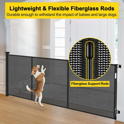 Reinforced 42” Extra Tall Retractable Baby Gates with Rods, Extends up to 60” Wide, Tall Retractable Dog Gate for Doorways Prevent Crawling Through Mesh Pet Gate Indoor Outdoor, Black
