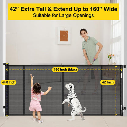 Reinforced 42” Extra Tall Retractable Baby Gates with Rods, Extends up to 60” Wide, Tall Retractable Dog Gate for Doorways Prevent Crawling Through Mesh Pet Gate Indoor Outdoor, Black