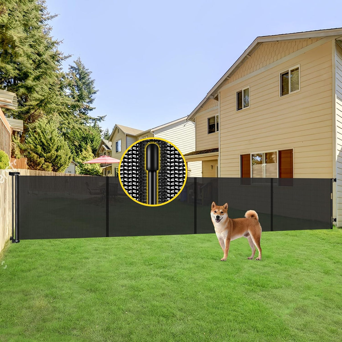 Reinforced 42” Extra Tall Retractable Baby Gates with Rods, Extends up to 60” Wide, Tall Retractable Dog Gate for Doorways Prevent Crawling Through Mesh Pet Gate Indoor Outdoor, Black