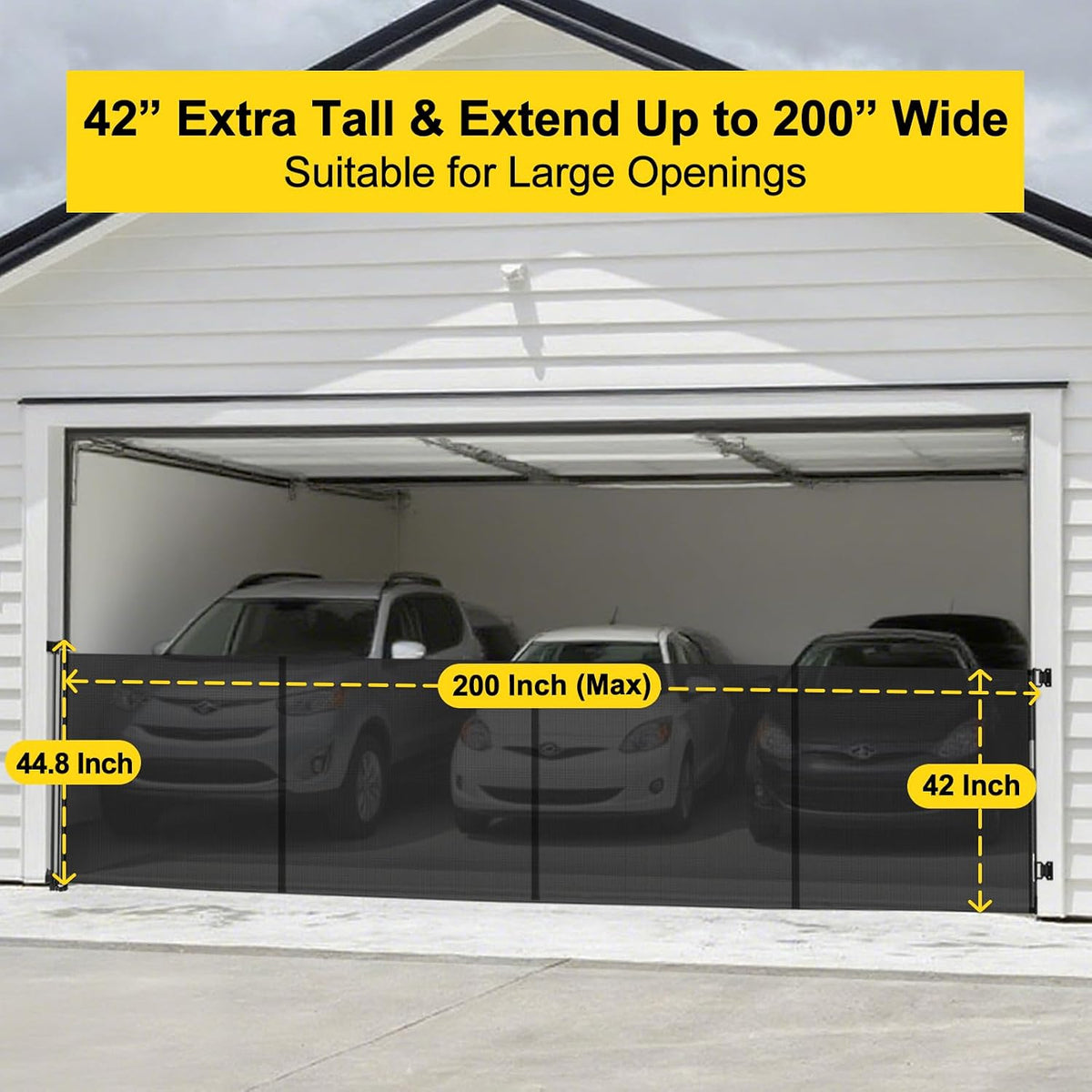 Reinforced 42” Extra Tall Retractable Baby Gates with Rods, Extends up to 60” Wide, Tall Retractable Dog Gate for Doorways Prevent Crawling Through Mesh Pet Gate Indoor Outdoor, Black