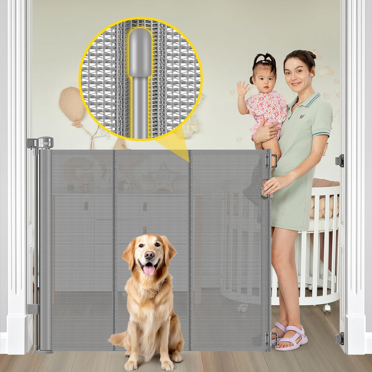 Reinforced 42” Extra Tall Retractable Baby Gates with Rods, Extends up to 60” Wide, Tall Retractable Dog Gate for Doorways Prevent Crawling Through Mesh Pet Gate Indoor Outdoor, Black