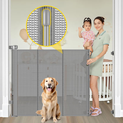 Reinforced 42” Extra Tall Retractable Baby Gates with Rods, Extends up to 60” Wide, Tall Retractable Dog Gate for Doorways Prevent Crawling Through Mesh Pet Gate Indoor Outdoor, Black
