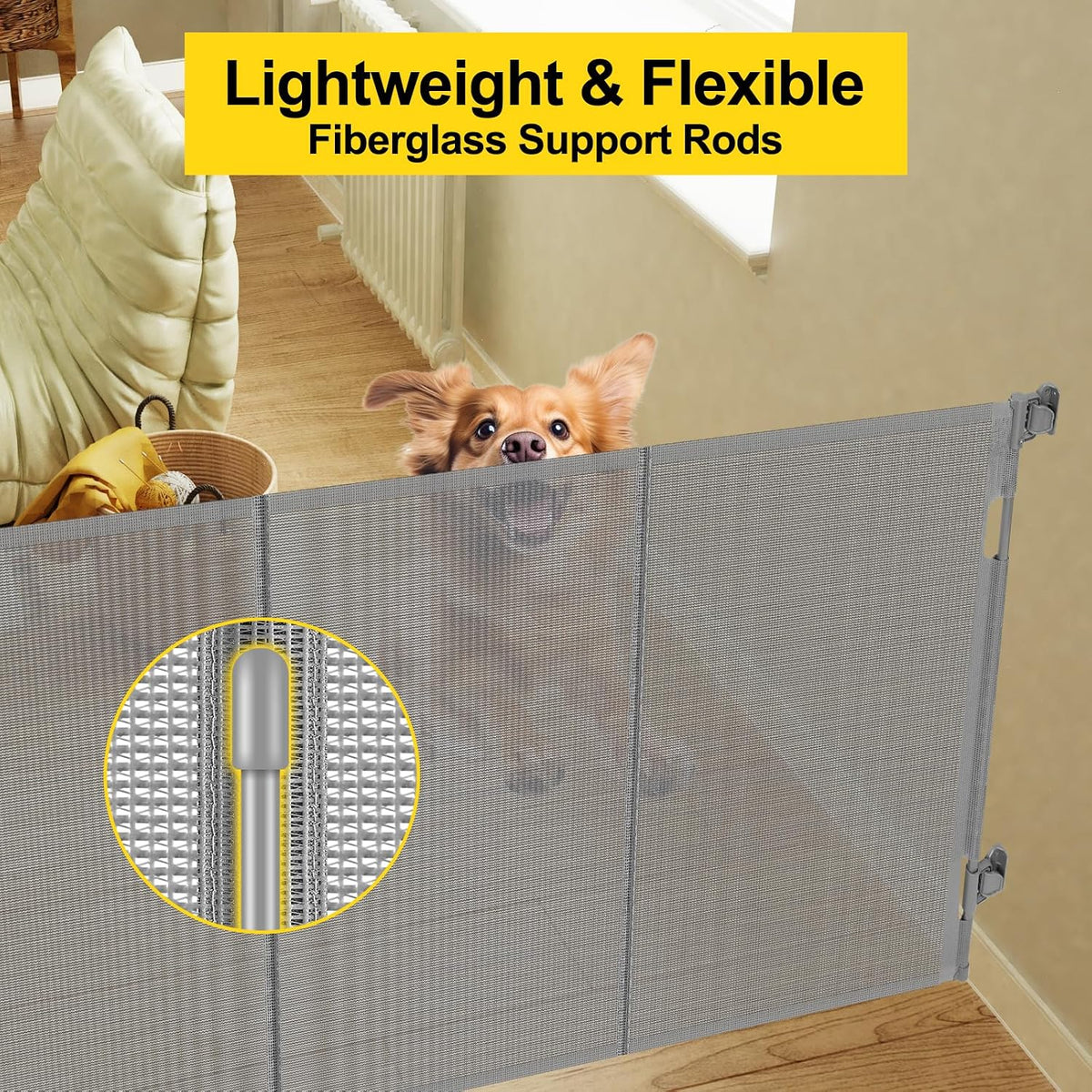 Reinforced 42” Extra Tall Retractable Baby Gates with Rods, Extends up to 60” Wide, Tall Retractable Dog Gate for Doorways Prevent Crawling Through Mesh Pet Gate Indoor Outdoor, Black